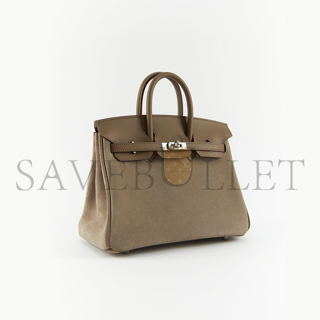 HERMES BIRKIN 25 GRIZZLY SUEDE GRIS CAILLOU SWIFT PALLADIUM TOP HANDLE TOTE BAG  (25*19*12cm)