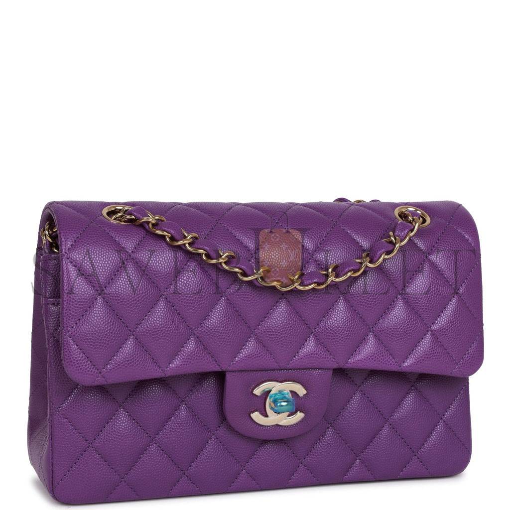 CHANEL SMALL CLASSIC DOUBLE FLAP PURPLE CAVIAR LIGHT GOLD HARDWARE (23*13*6cm)