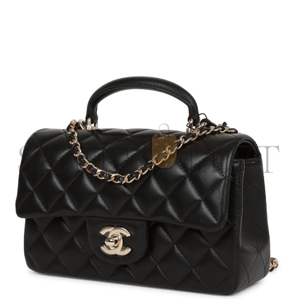 CHANEL MINI RECTANGULAR FLAP BAG WITH TOP HANDLE BLACK LAMBSKIN LIGHT GOLD HARDWARE (22*15*8cm)