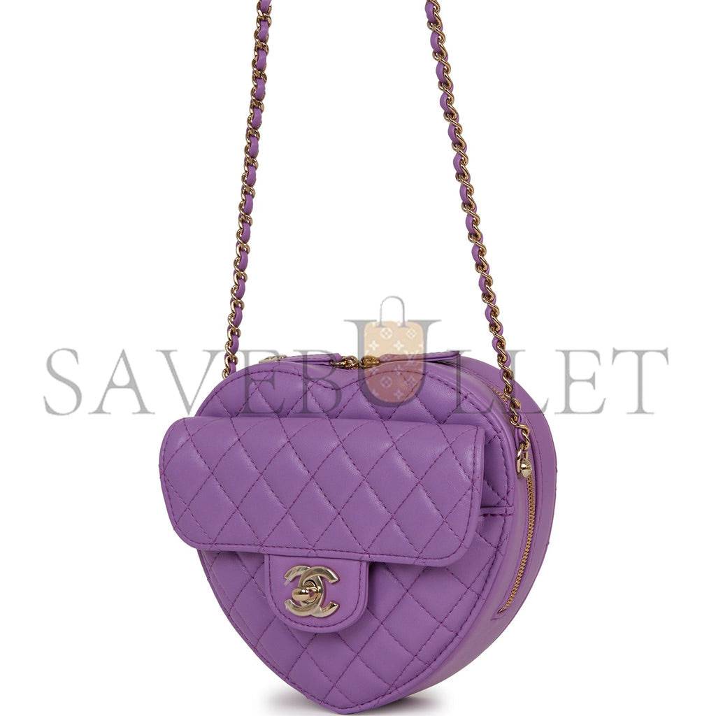 CHANEL CC IN LOVE LARGE HEART BAG PURPLE LAMBSKIN LIGHT GOLD HARDWARE (20*18*6cm)