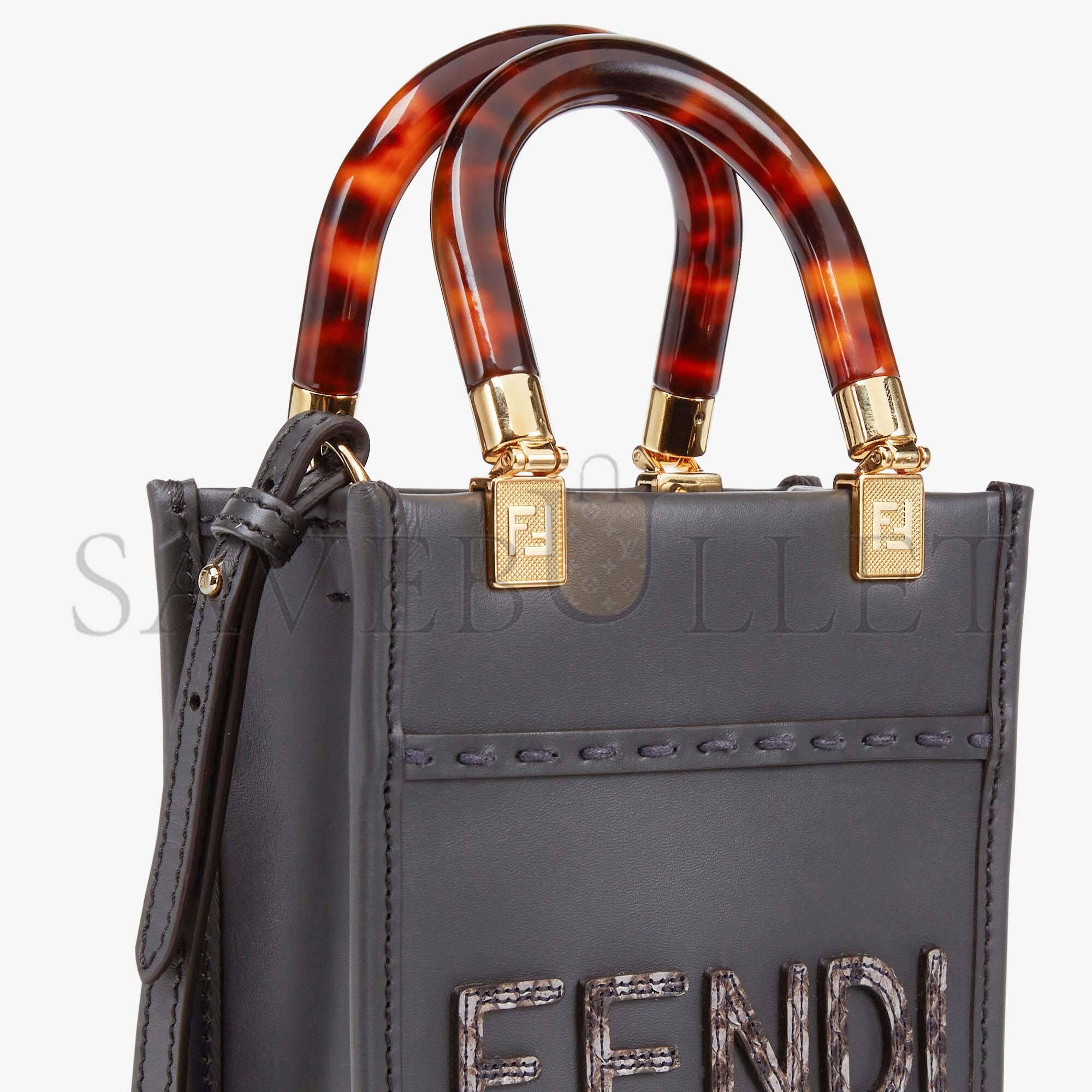 FENDI MINI SUNSHINE SHOPPER - DARK GRAY LEATHER AND ELAPHE MINI-BAG 8BS051AHN5F1DMK (18*13*6.5cm)