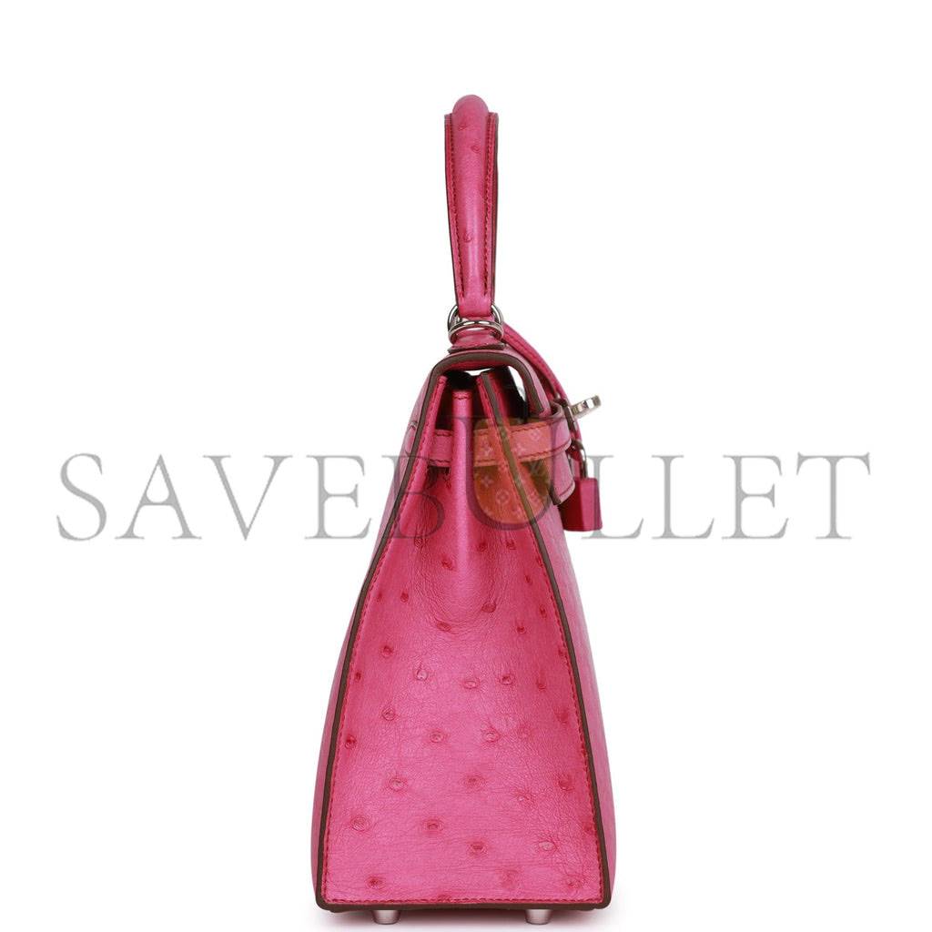 HERMES KELLY SELLIER 25 FUCHSIA OSTRICH PALLADIUM HARDWARE (25*17*7cm)