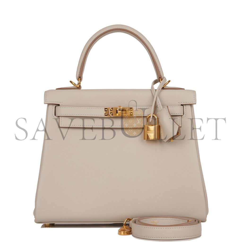 HERMES KELLY RETOURNE 25 GRIS PERLE SWIFT GOLD HARDWARE HANDMADE (25*17*7cm)