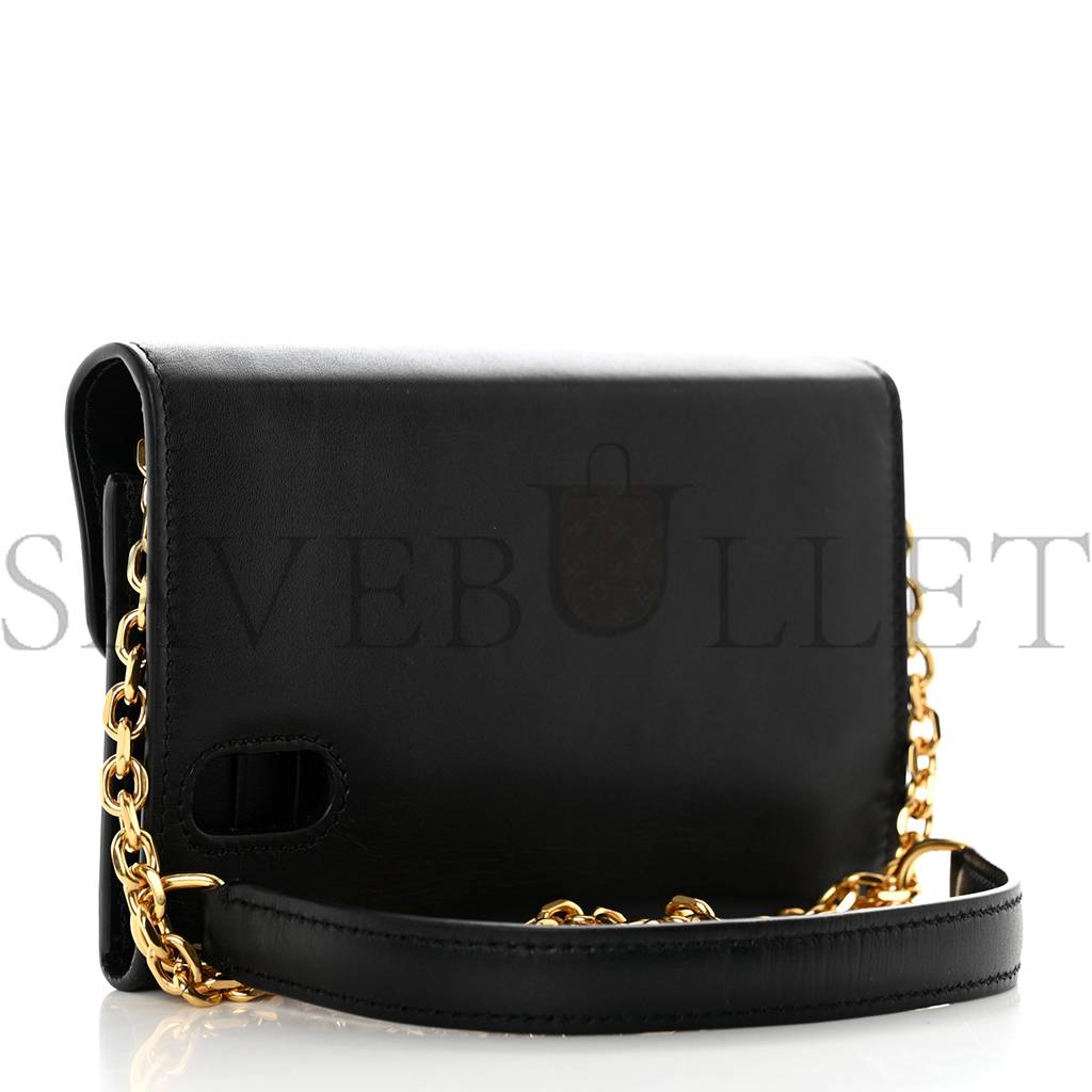 CELINE SHINY SMOOTH CALFSKIN C PHONE HOLDER WALLET ON CHAIN BAG BLACK (15*10*3cm)