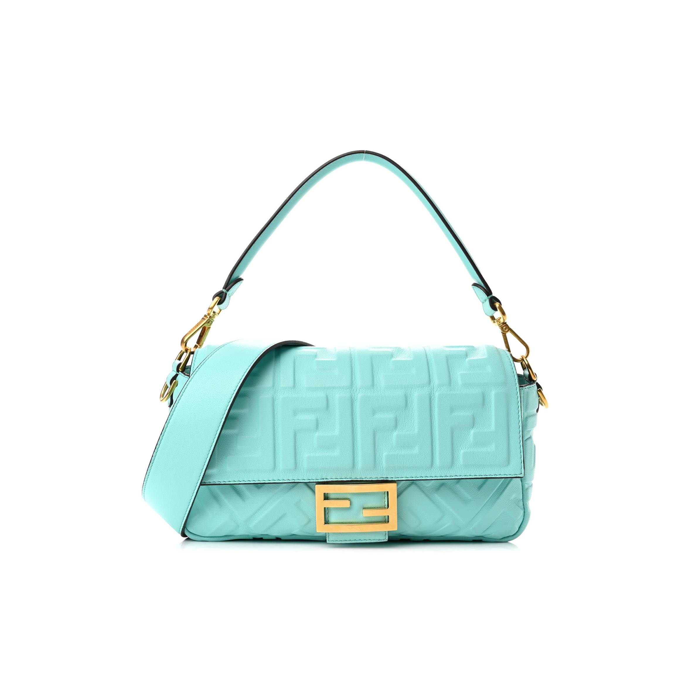 FENDI NAPPA FF 1974 EMBOSSED BAGUETTE SPRING TURQUOISE (25*15*5cm)